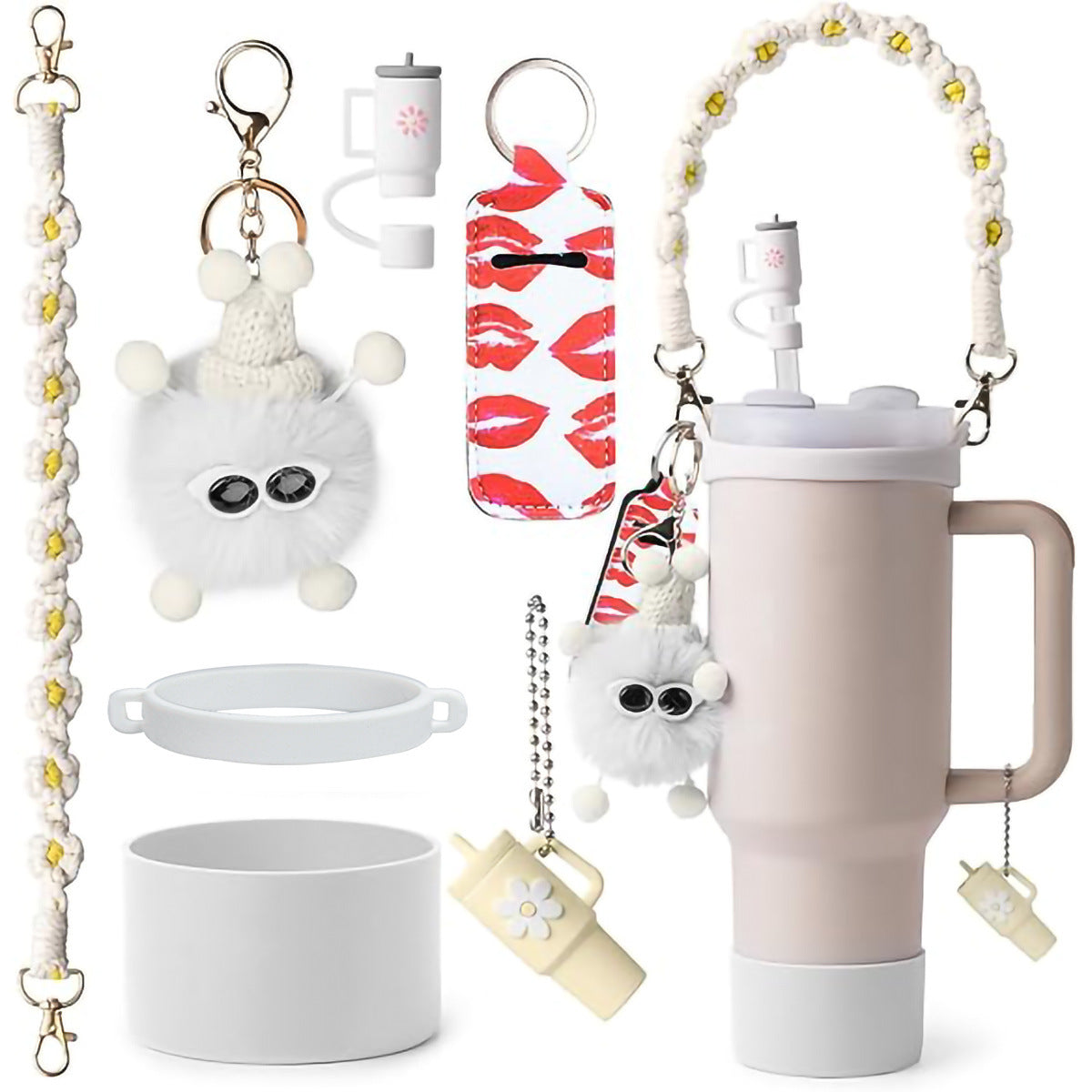 Wholesale Cartoon fur ball hanging chain lipstick set silicone cup set seven-piece set